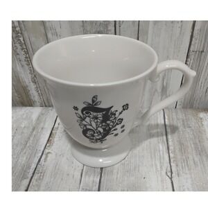White Footed Mug Black Floral Letter J Monogram Design